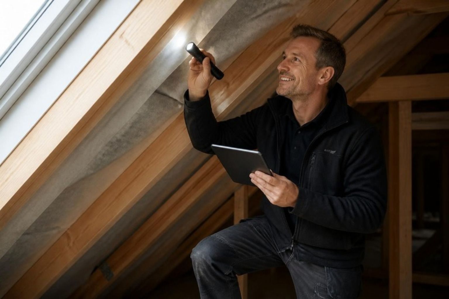 Smilende bygningssagkyndig lyser op i tagkonstruktionen på et loft med lommelygte og tablet