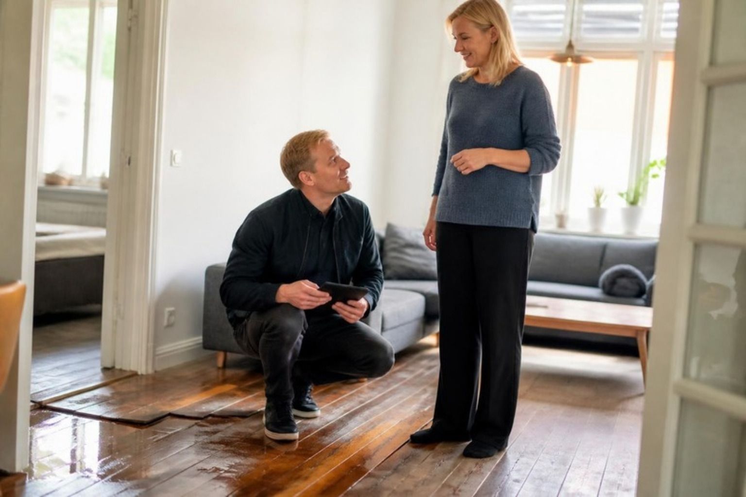 Taksator sidder på hug ved et vandskadet trægulv og taler med husejeren