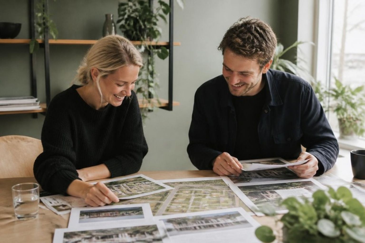 To smilende medarbejdere gennemgår trykte artikler og kort ved et bord på et kontor